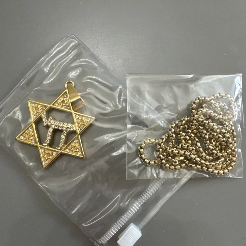 Stainless Steel Hebrew Jewish Israel Star of David Necklace Bar Mitzvah Gold